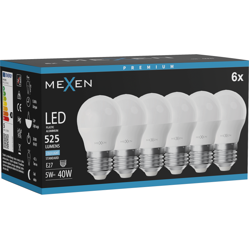 Mexen Nova 6x LED izzó E27, G45, 5W, Hideg - 6500K, 525 lm - L101-E27-0565-01x06