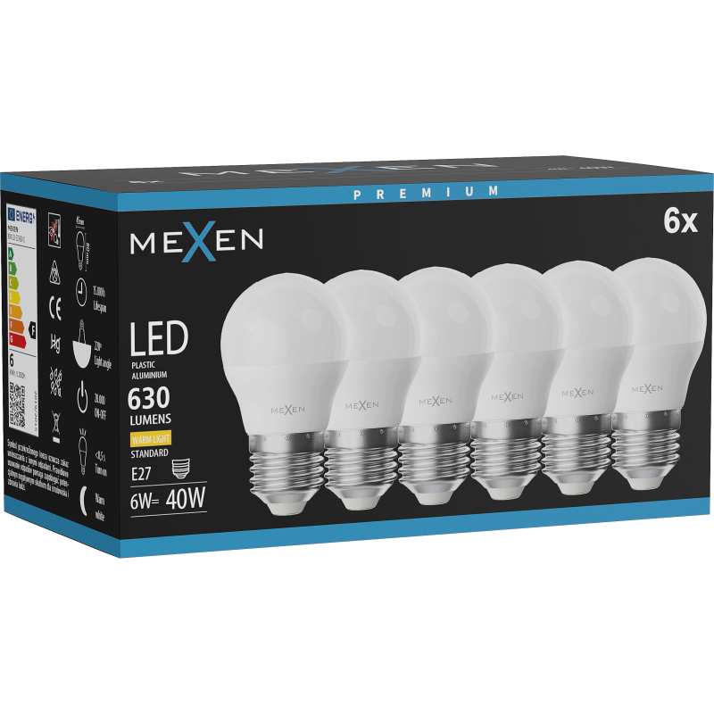 Mexen Nova 6x LED izzó E27, G45, 6W, Meleg - 3000K, 630 lm - L101-E27-0630-01x06