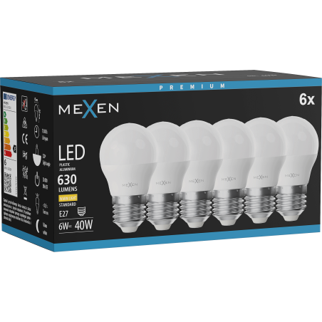 Mexen Nova 6x LED izzó E27, G45, 6W, Meleg - 3000K, 630 lm - L101-E27-0630-01x06
