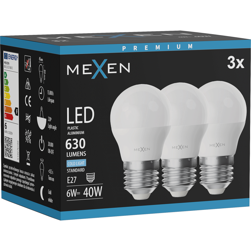 Mexen Nova 3x Bec LED E27, G45, 6W, Rece - 6500K, 630 lm - L101-E27-0665-01x03