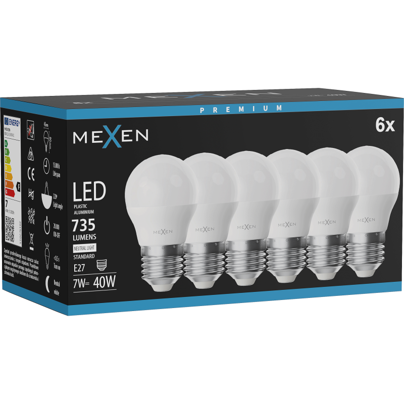 Mexen Nova 6x LED izzó E27, G45, 7W, Semleges - 4000K, 735 lm - L101-E27-0740-01x06
