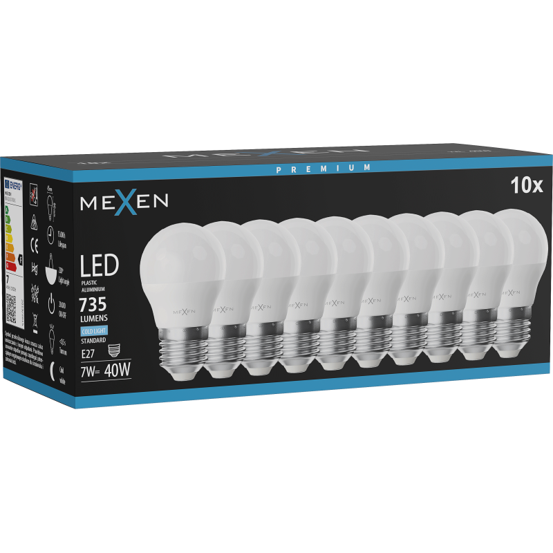 Mexen Nova 10x LED izzó E27, G45, 7W, Hideg - 6500K, 735 lm - L101-E27-0765-01x10
