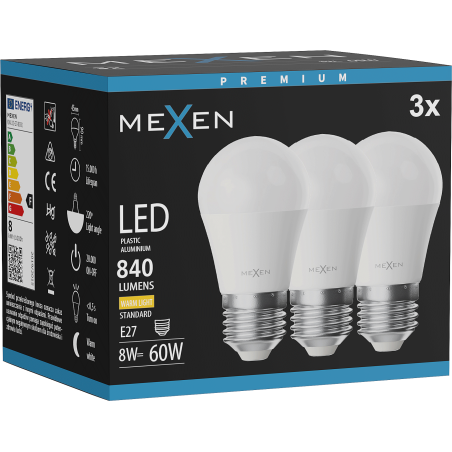 Mexen Nova 3x LED izzó E27, G45, 8W, Meleg - 3000K, 840 lm - L101-E27-0830-01x03
