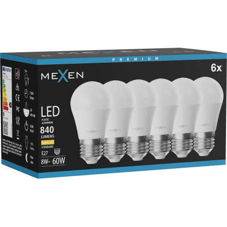 Mexen Nova 6x LED izzó E27, G45, 8W, Meleg - 3000K, 840 lm - L101-E27-0830-01x06