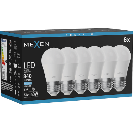 Mexen Nova 6x Bec LED E27, G45, 8W, Rece - 6500K, 840 lm - L101-E27-0865-01x06