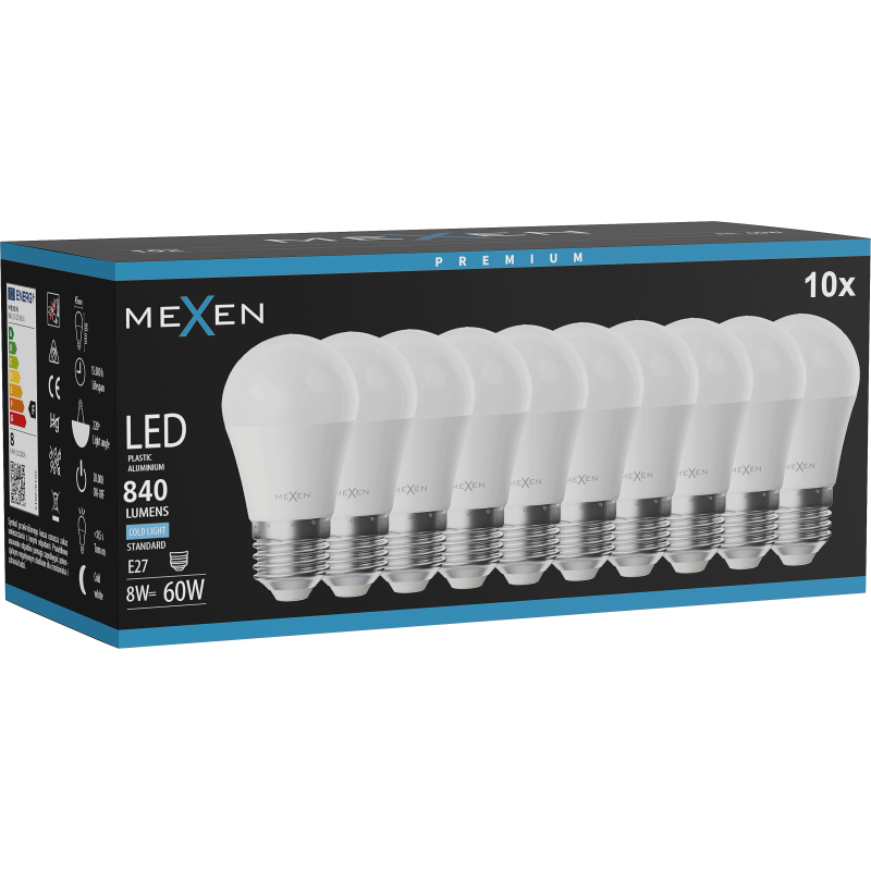 Mexen Nova 10x LED izzó E27, G45, 8W, Hideg - 6500K, 840 lm - L101-E27-0865-01x10