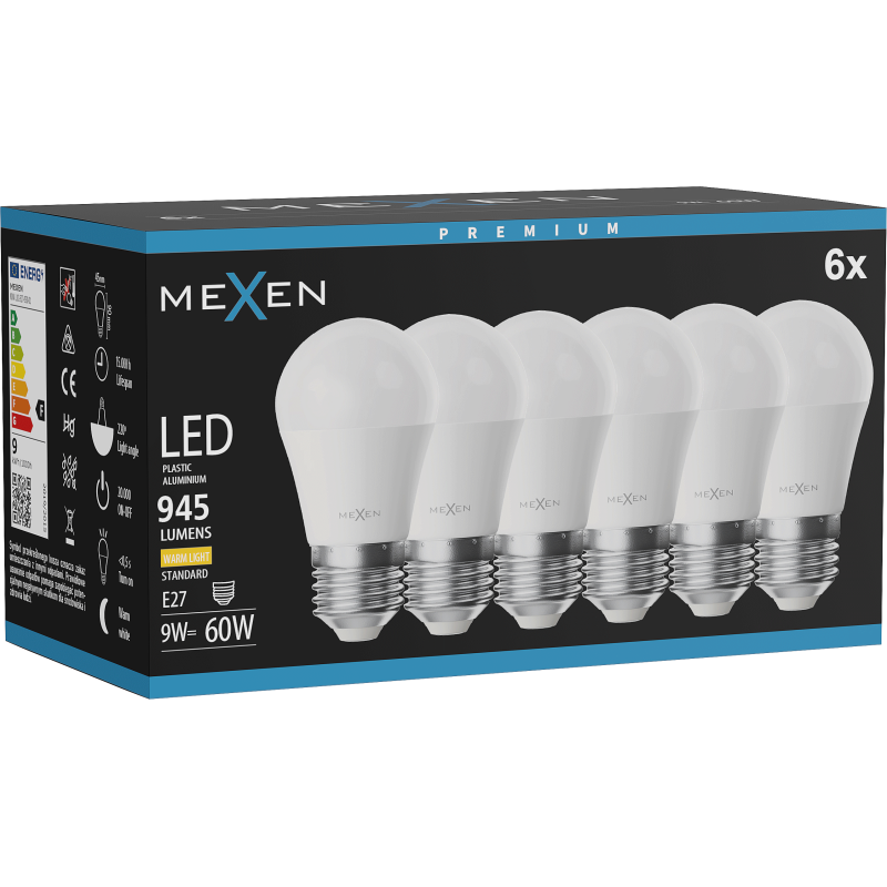 Mexen Nova 6x LED izzó E27, G45, 9W, Meleg - 3000K, 945 lm - L101-E27-0930-01x06