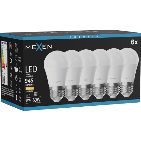 Mexen Nova 6x Bec cu LED E27, G45, 9W, Cald - 3000K, 945 lm - L101-E27-0930-01x06