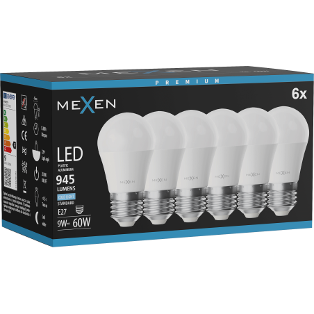 Mexen Nova 6x Bec LED E27, G45, 9W, Rece - 6500K, 945 lm - L101-E27-0965-01x06