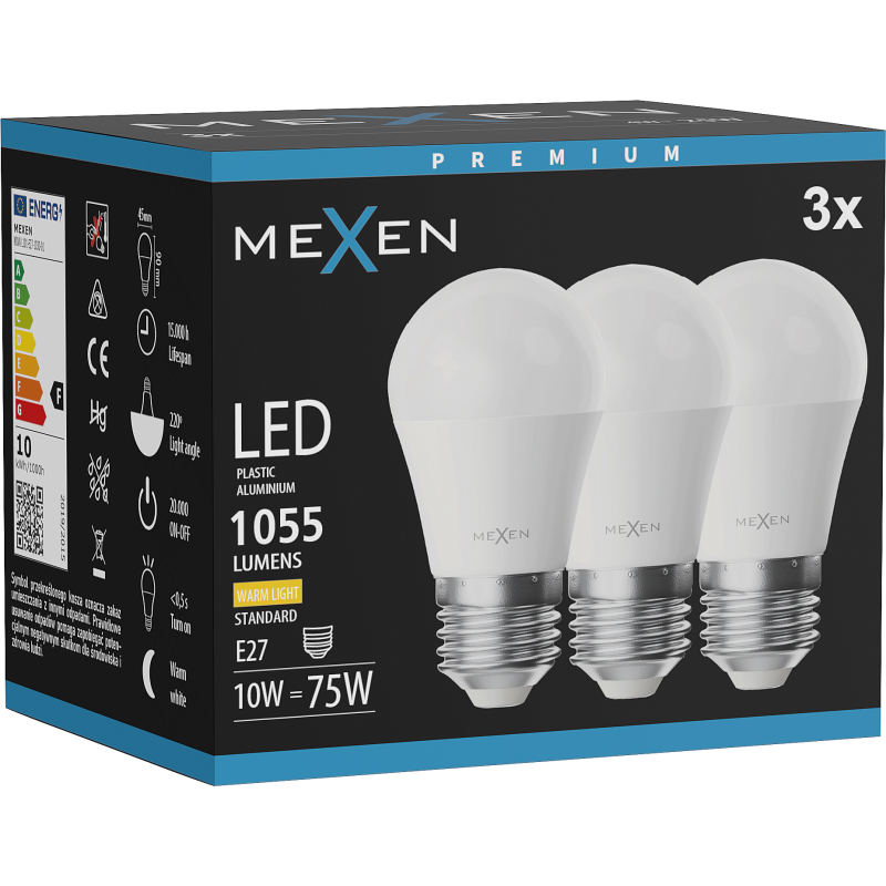 Mexen Nova 3x LED izzó E27, G45, 10W, Meleg - 3000K, 1055 lm - L101-E27-1030-01x03