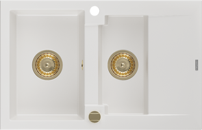 Mexen Gaspar gránit mosogató 1,5 medencés csepegtetővel 737 x 475 mm, fehér, arany szifon - 6507731505-20-G