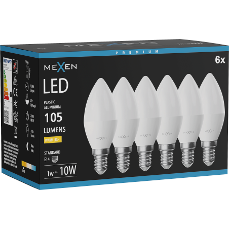 Mexen Nova 6x LED izzó E14, C37, 1W, Meleg - 3000K, 105 lm - L102-E14-0130-01x06