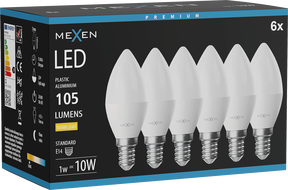 Mexen Nova 6x LED izzó E14, C37, 1W, Meleg - 3000K, 105 lm - L102-E14-0130-01x06