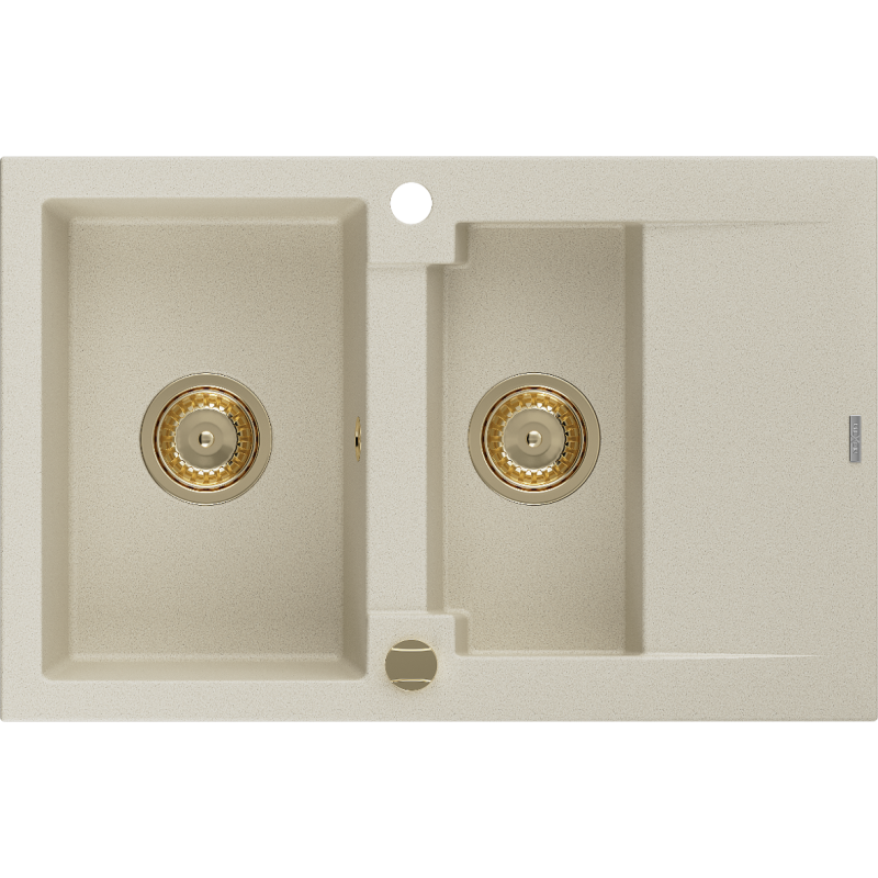 Mexen Gaspar chiuvetă din granit cu 1,5 compartimente și picurător 737 x 475 mm, bej, sifon auriu - 6507731505-69-G