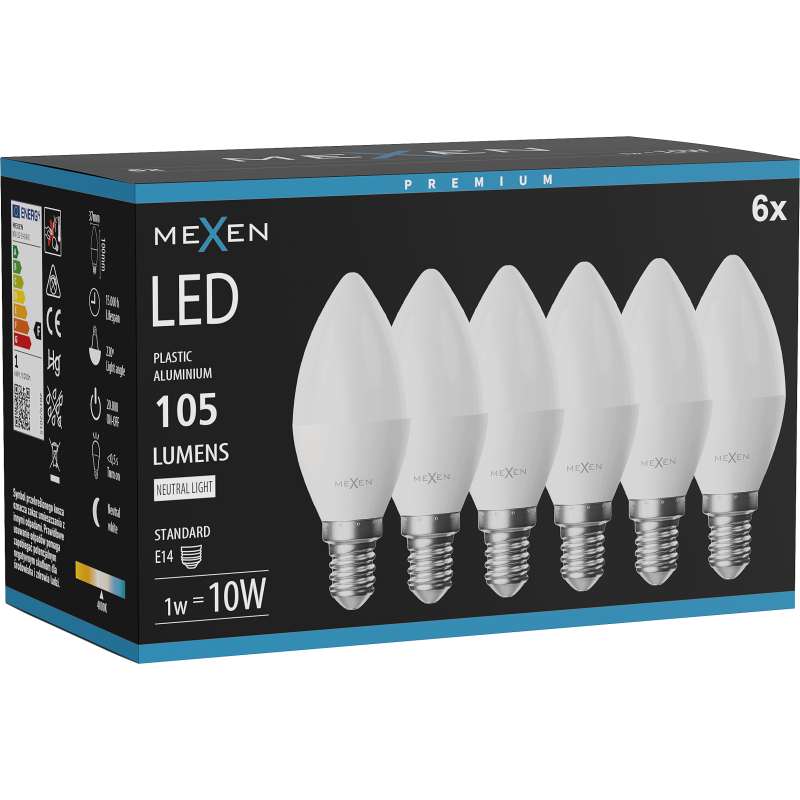 Mexen Nova 6x Bec LED E14, C37, 1W, Neutru - 4000K, 105 lm - L102-E14-0140-01x06