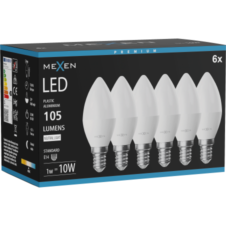 Mexen Nova 6x LED izzó E14, C37, 1W, Semleges - 4000K, 105 lm - L102-E14-0140-01x06