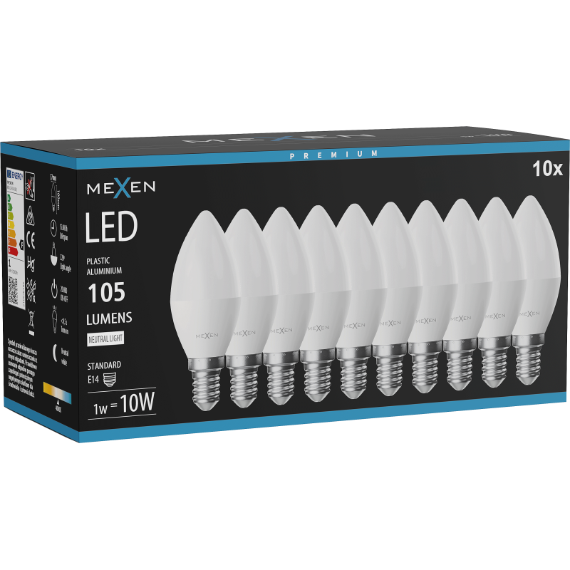 Mexen Nova 10x LED izzó E14, C37, 1W, Semleges - 4000K, 105 lm - L102-E14-0140-01x10