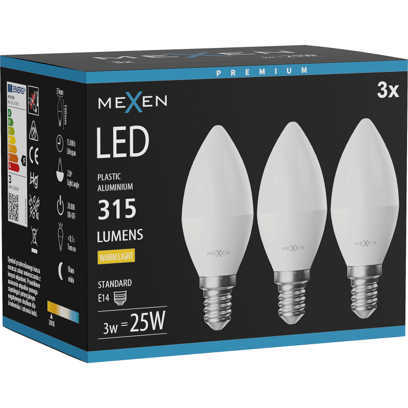 Mexen Nova 3x LED izzó E14, C37, 3W, Meleg - 3000K, 315 lm - L102-E14-0330-01x03