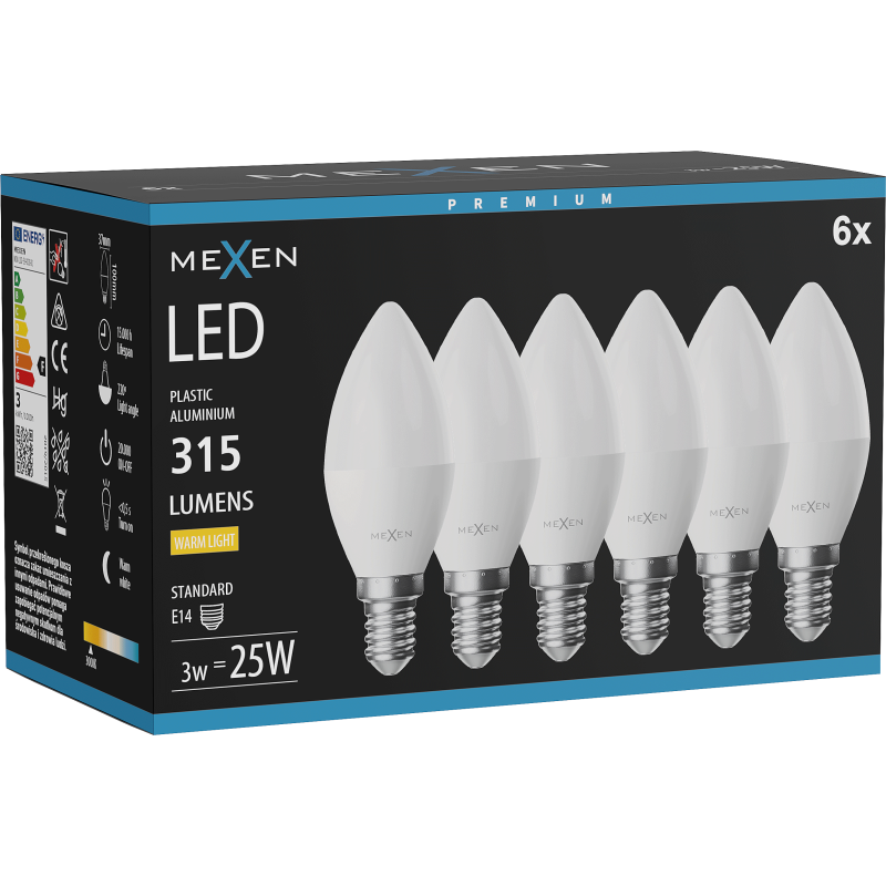Mexen Nova 6x Bec LED E14, C37, 3W, Caldă - 3000K, 315 lm - L102-E14-0330-01x06