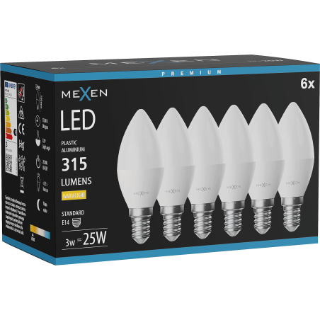 Mexen Nova 6x LED izzó E14, C37, 3W, Meleg - 3000K, 315 lm - L102-E14-0330-01x06