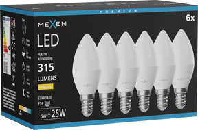 Mexen Nova 6x LED izzó E14, C37, 3W, Meleg - 3000K, 315 lm - L102-E14-0330-01x06