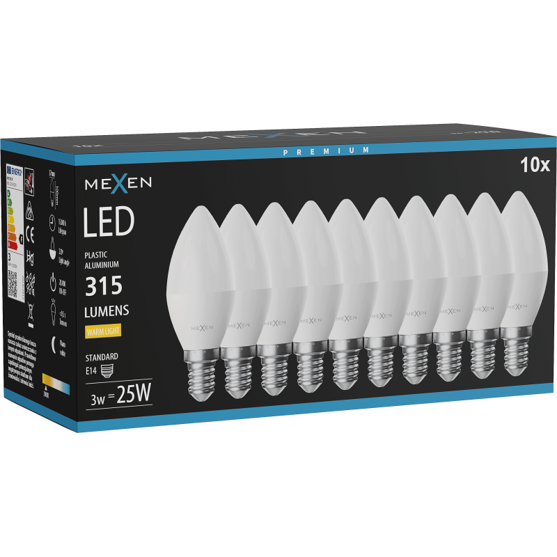 Mexen Nova 10x LED izzó E14, C37, 3W, Meleg - 3000K, 315 lm - L102-E14-0330-01x10