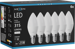 Mexen Nova 6x LED izzó E14, C37, 3W, Semleges - 4000K, 315 lm - L102-E14-0340-01x06