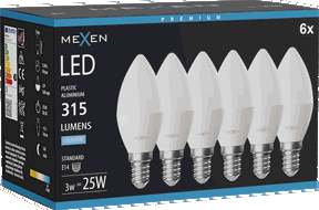 Mexen Nova 6x LED izzó E14, C37, 3W, Hideg - 6500K, 315 lm - L102-E14-0365-01x06