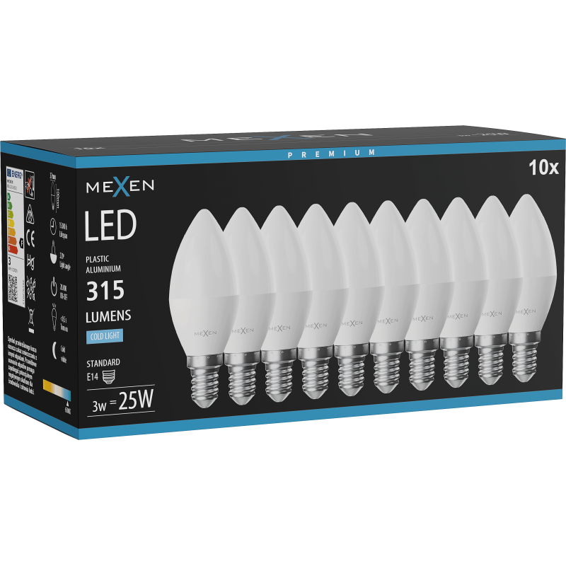 Mexen Nova 10x LED izzó E14, C37, 3W, Hideg - 6500K, 315 lm - L102-E14-0365-01x10