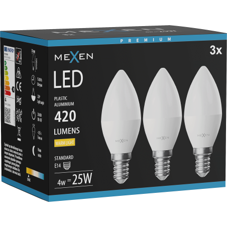 Mexen Nova 3x LED izzó E14, C37, 4W, Meleg - 3000K, 420 lm - L102-E14-0430-01x03