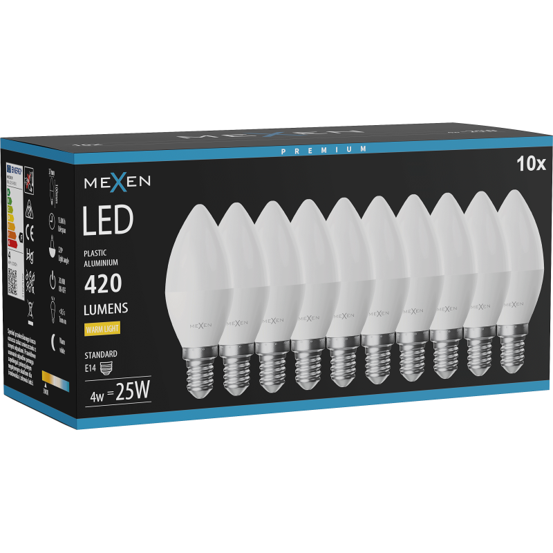 Mexen Nova 10x LED izzó E14, C37, 4W, Meleg - 3000K, 420 lm - L102-E14-0430-01x10