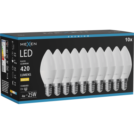 Mexen Nova 10x Bec LED E14, C37, 4W, Cald - 3000K, 420 lm - L102-E14-0430-01x10