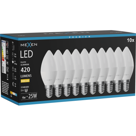 Mexen Nova 10x LED izzó E14, C37, 4W, Meleg - 3000K, 420 lm - L102-E14-0430-01x10