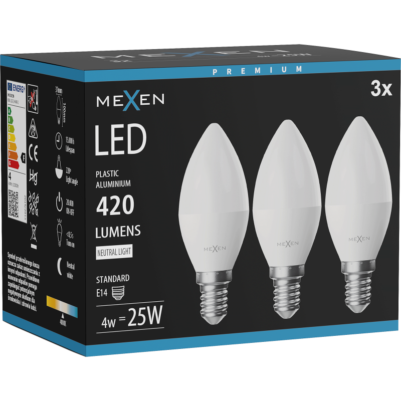 Mexen Nova 3x Bec LED E14, C37, 4W, Neutru - 4000K, 420 lm - L102-E14-0440-01x03