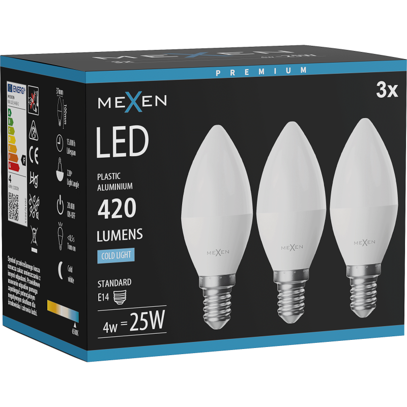 Mexen Nova 3x Bec LED E14, C37, 4W, Rece - 6500K, 420 lm - L102-E14-0465-01x03