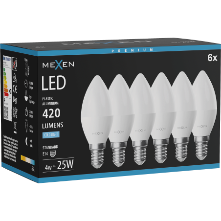 Mexen Nova 6x LED izzó E14, C37, 4W, Hideg - 6500K, 420 lm - L102-E14-0465-01x06