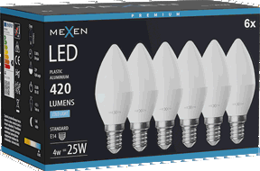 Mexen Nova 6x LED izzó E14, C37, 4W, Hideg - 6500K, 420 lm - L102-E14-0465-01x06