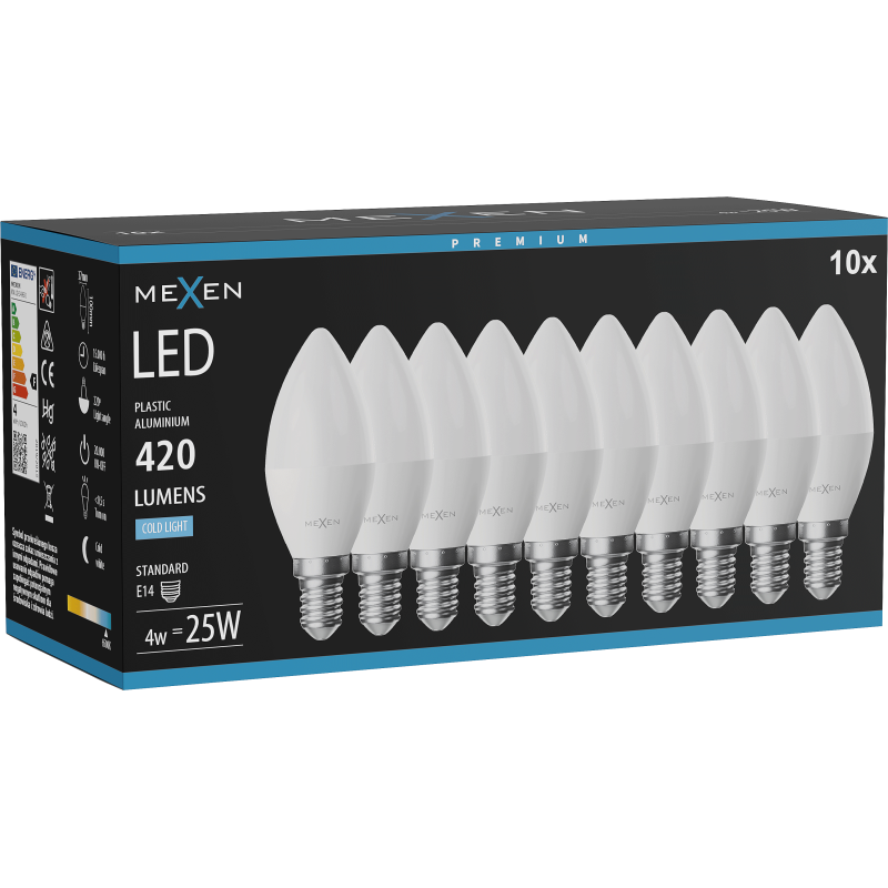 Mexen Nova 10x LED izzó E14, C37, 4W, Hideg - 6500K, 420 lm - L102-E14-0465-01x10