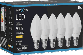 Mexen Nova 6x Bec LED E14, C37, 5W, Caldă - 3000K, 525 lm - L102-E14-0530-01x06