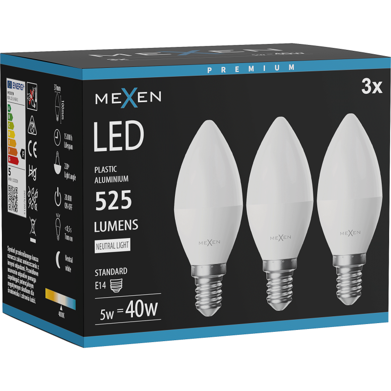 Mexen Nova 3x Bec LED E14, C37, 5W, Neutru - 4000K, 525 lm - L102-E14-0540-01x03