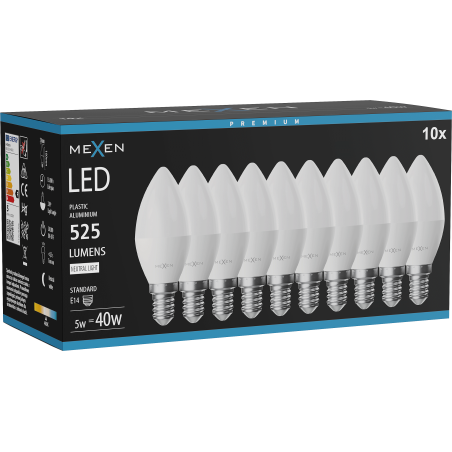 Mexen Nova 10x LED izzó E14, C37, 5W, Semleges - 4000K, 525 lm - L102-E14-0540-01x10
