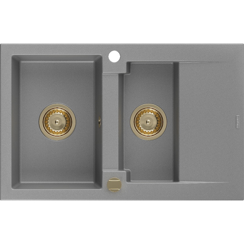 Mexen Gaspar chiuvetă din granit cu 1,5 cuve și picurător 737 x 475 mm, gri, sifon auriu - 6507731505-71-G