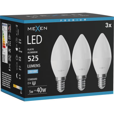 Mexen Nova 3x Bec LED E14, C37, 5W, Rece - 6500K, 525 lm - L102-E14-0565-01x03