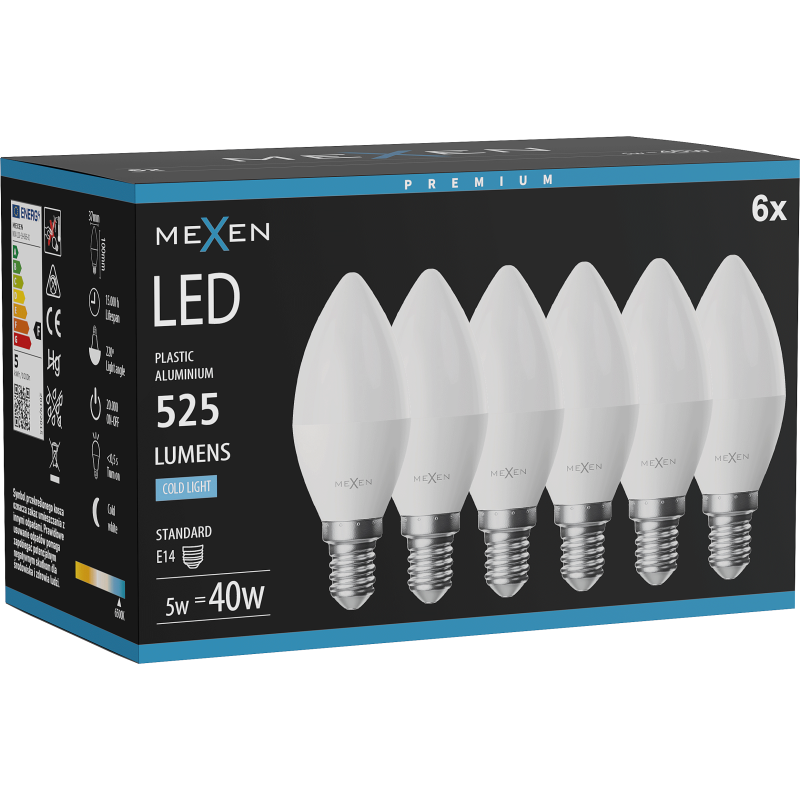 Mexen Nova 6x LED izzó E14, C37, 5W, Hideg - 6500K, 525 lm - L102-E14-0565-01x06