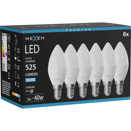 Mexen Nova 6x LED izzó E14, C37, 5W, Hideg - 6500K, 525 lm - L102-E14-0565-01x06