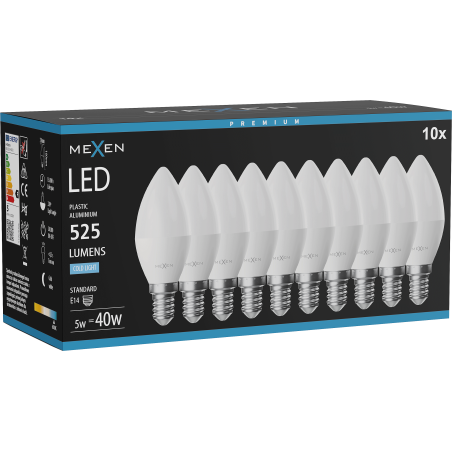 Mexen Nova 10x Bec LED E14, C37, 5W, Rece - 6500K, 525 lm - L102-E14-0565-01x10