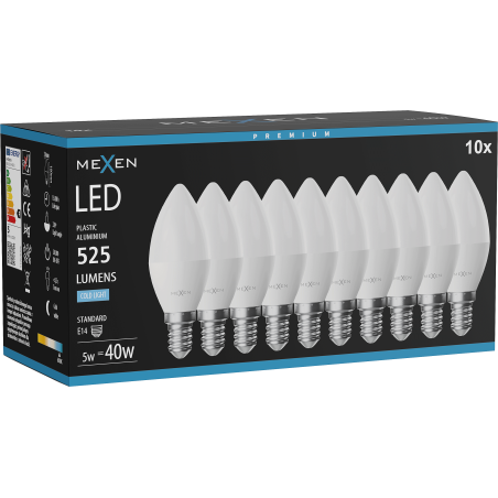 Mexen Nova 10x LED izzó E14, C37, 5W, Hideg - 6500K, 525 lm - L102-E14-0565-01x10