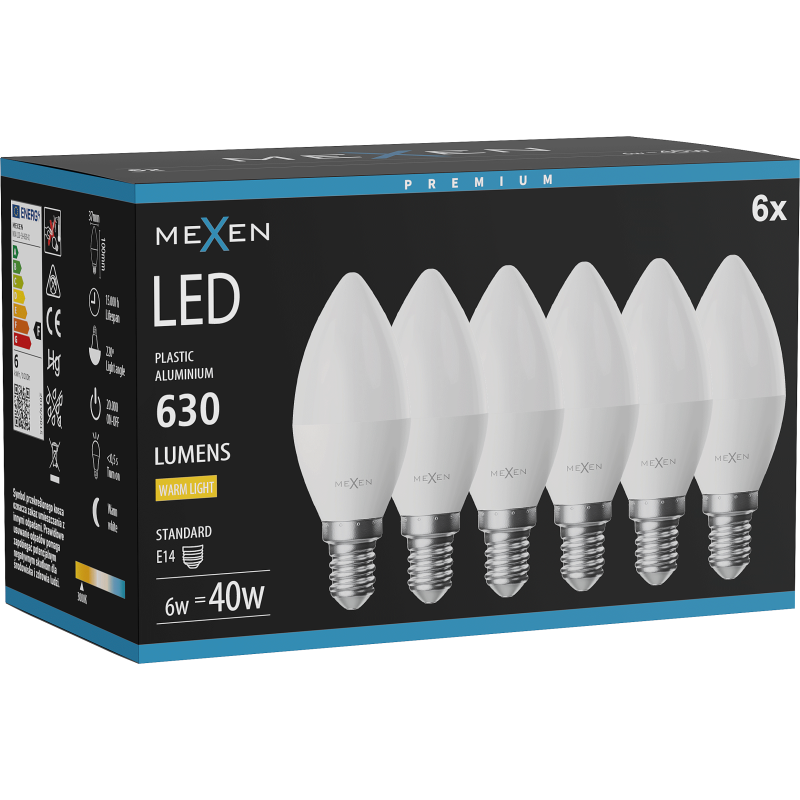 Mexen Nova 6x LED izzó E14, C37, 6W, Meleg - 3000K, 630 lm - L102-E14-0630-01x06