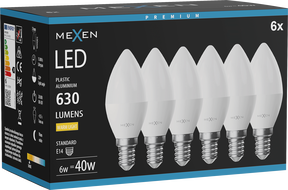 Mexen Nova 6x LED izzó E14, C37, 6W, Meleg - 3000K, 630 lm - L102-E14-0630-01x06