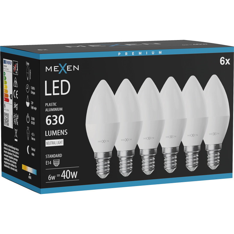 Mexen Nova 6x LED izzó E14, C37, 6W, Semleges - 4000K, 630 lm - L102-E14-0640-01x06